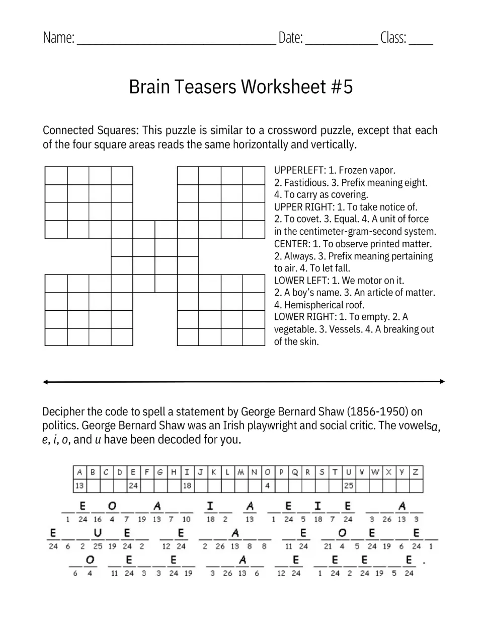 Brain Teasers Worksheet #5: students fill a connected-squares word puzzle from clues and decode a George Bernard Shaw quote