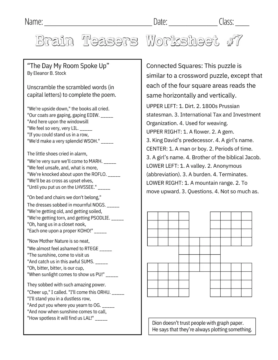 Brain Teasers Worksheet #7: students unscramble words to complete a poem and fill a connected-squares puzzle from clues
