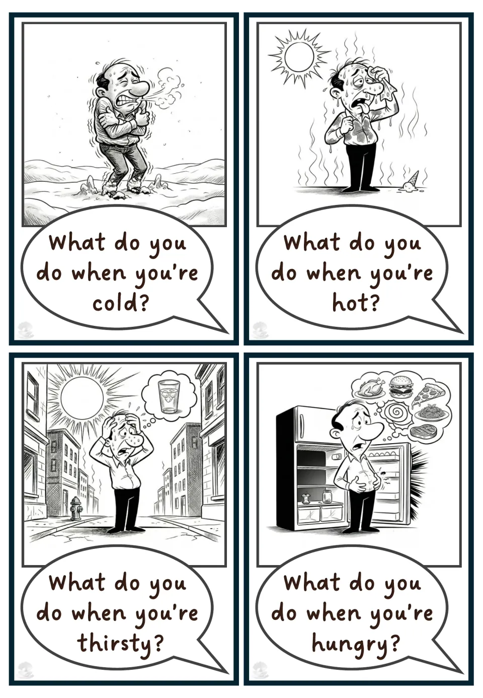 Feelings and body-state cards asking what you do when you're cold, hot, thirsty or hungry, each shown by a cartoon man
