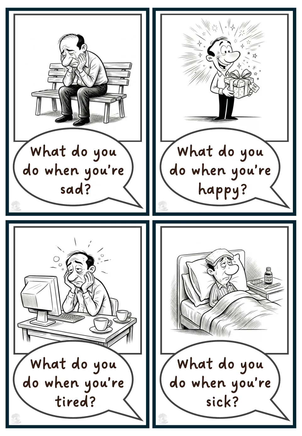 Emotion question cards for sad, happy, tired and sick: a man weeps on a bench, holds a gift, slumps at a desk, lies in bed