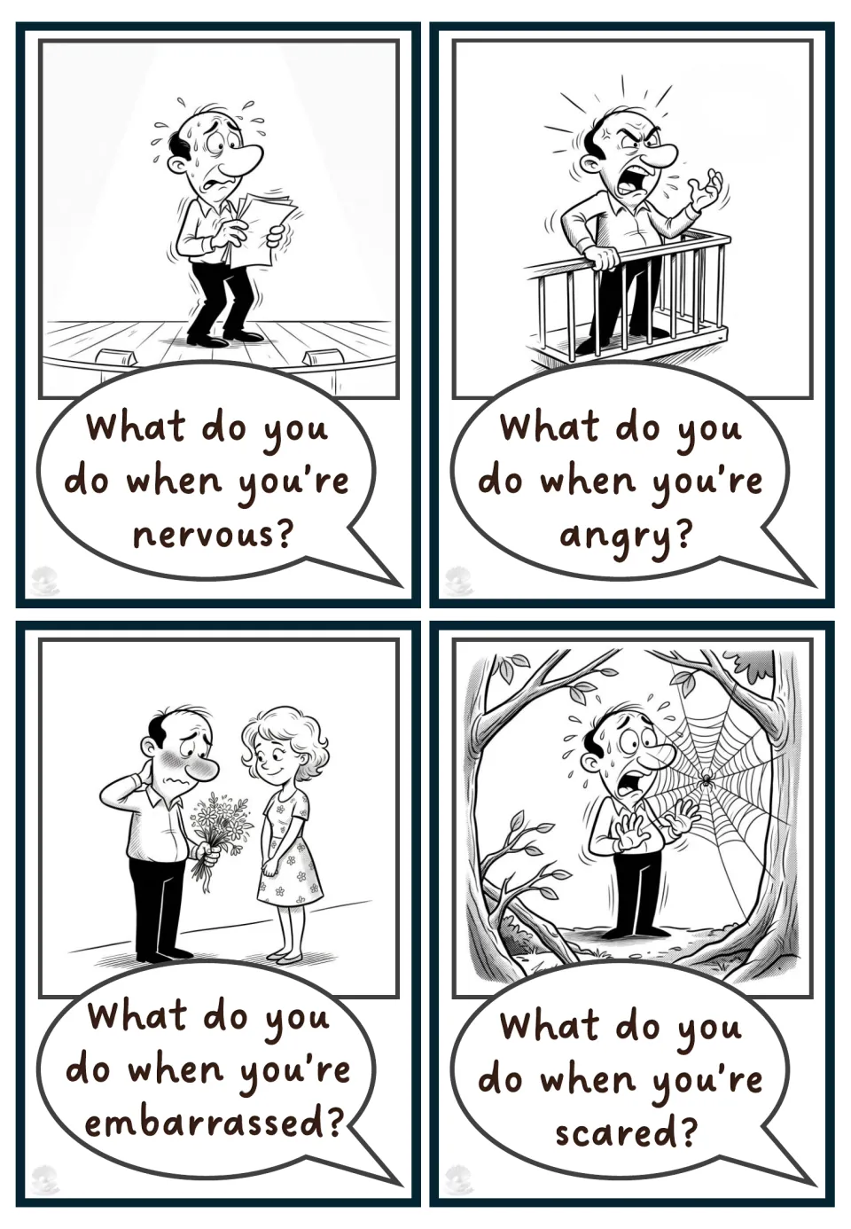 Coping question cards for nervous, angry, embarrassed and scared, showing stage fright, shouting, blushing and a spider web