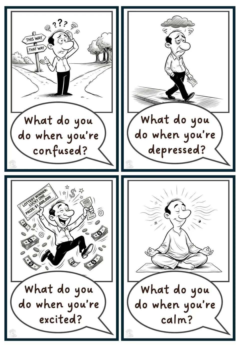 Question cards on being confused, depressed, excited and calm: a man at a crossroads, under a cloud, winning, meditating