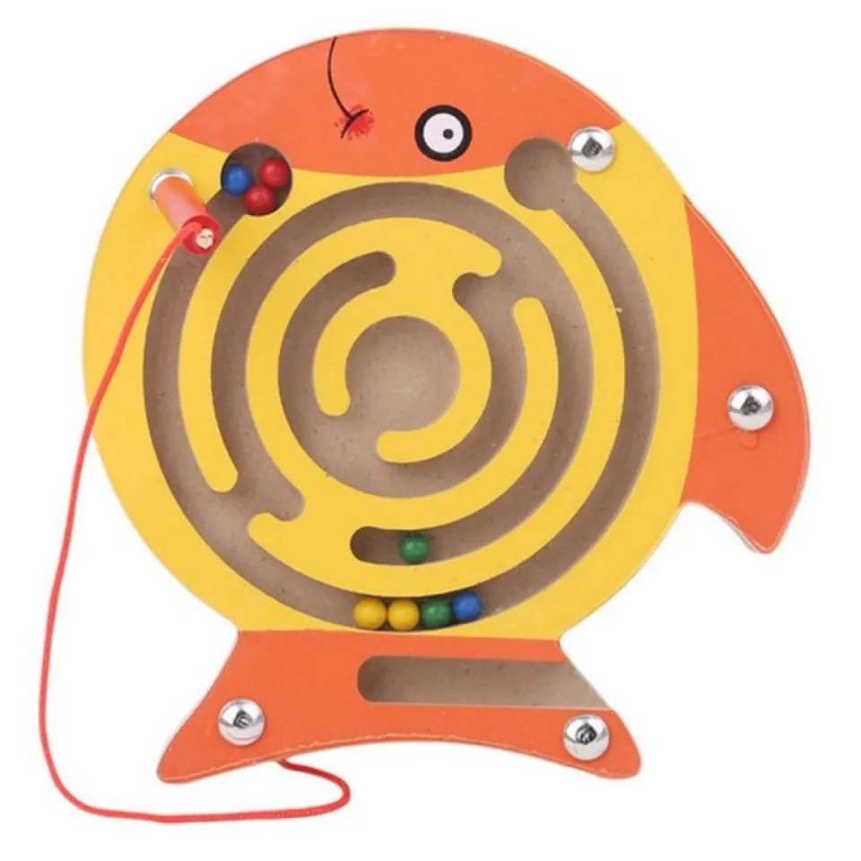 Wooden fish-shaped magnetic bead maze toy (photo): a spiral track with colored beads moved along by a magnet wand