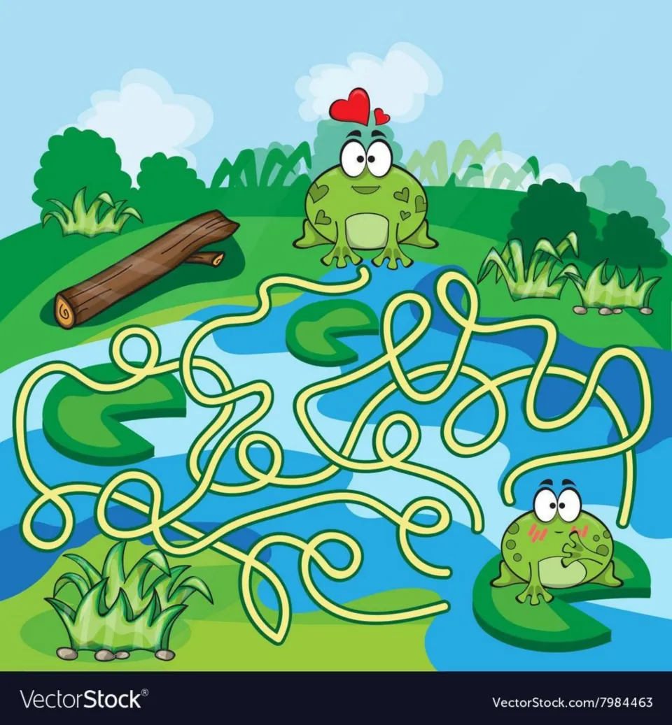 Frog pond maze: students follow the looping yellow path across the lily pads to bring the blushing frog to its sweetheart