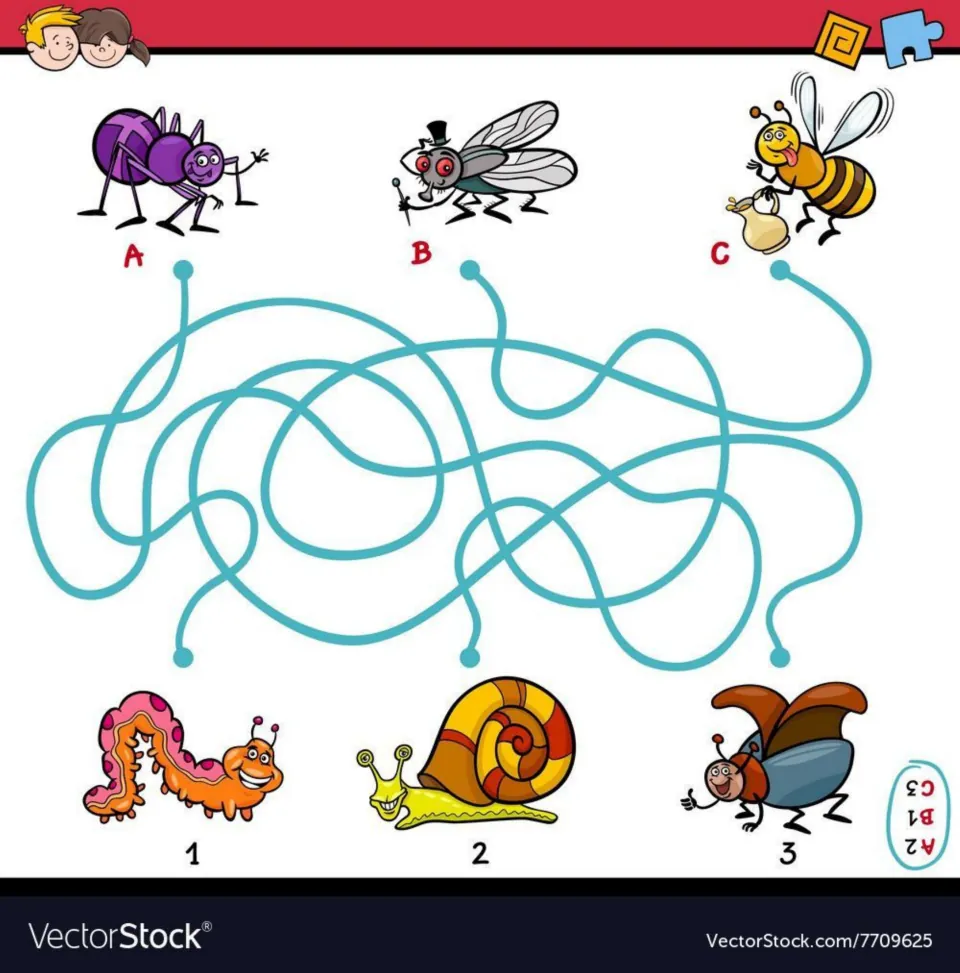 Bug matching maze: students follow tangled paths to pair spider A, fly B and bee C with caterpillar 1, snail 2 or beetle 3