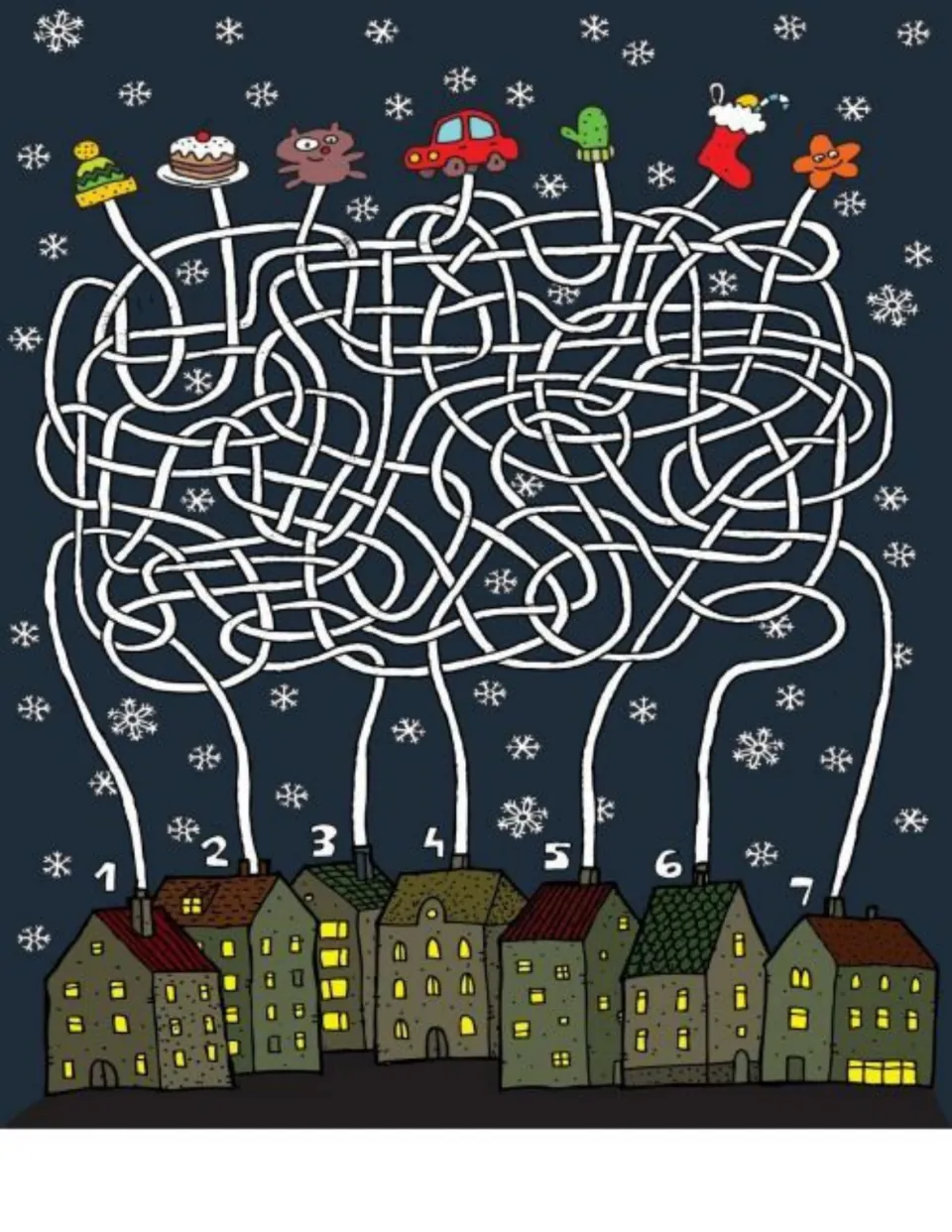 Winter chimney maze: students trace knotted smoke trails to match a hat, cake, car, mitten, stocking and more to houses 1-7