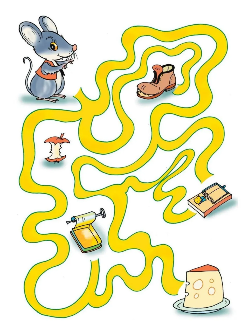 Mouse maze: students trace the wavy yellow path from the mouse to the cheese, avoiding the boot, trap and apple core