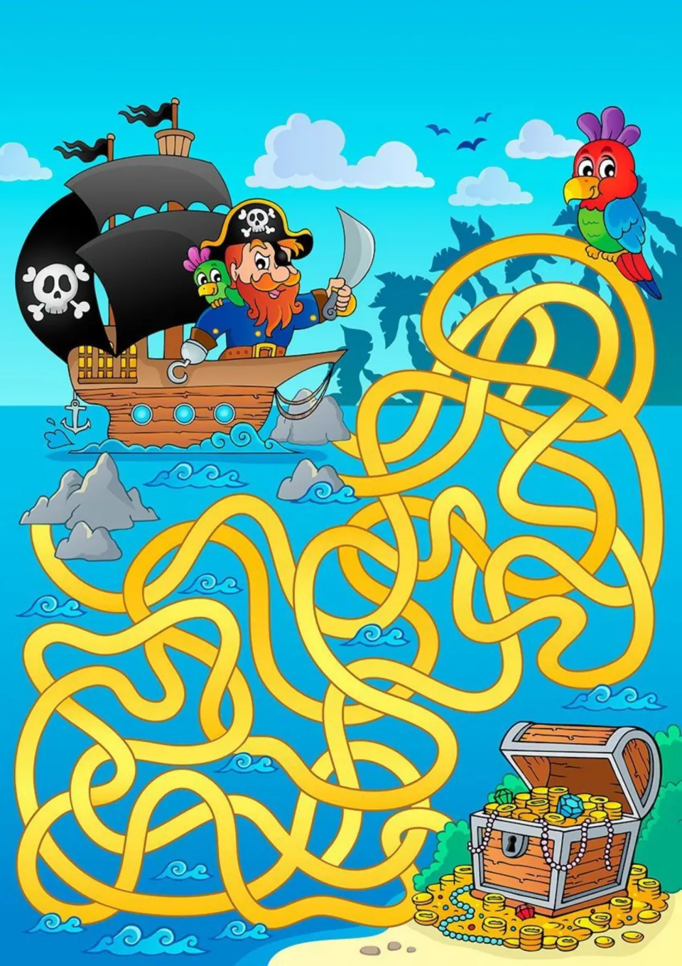 Pirate treasure maze: students trace the knotted gold path from the pirate ship to the open treasure chest on the shore