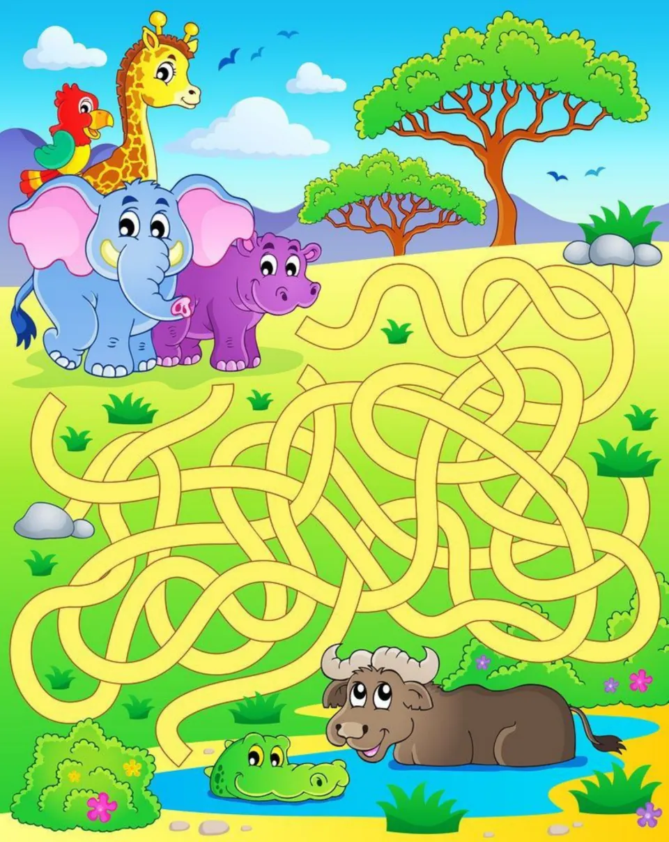 Safari maze: students trace the yellow path from the giraffe, elephant and hippo to the buffalo and crocodile at the pond