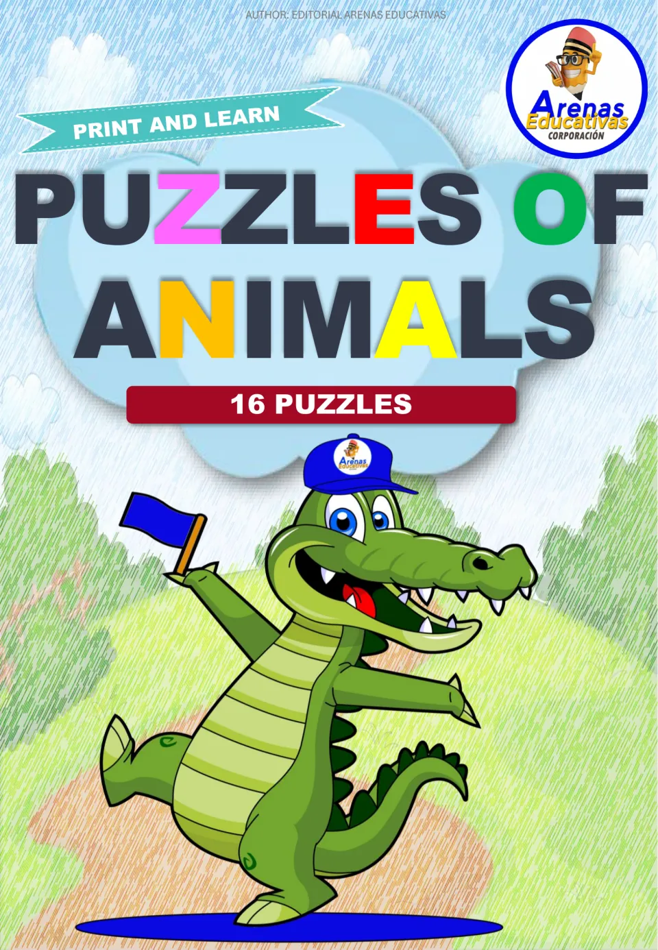 Cover of Puzzles of Animals, a Print and Learn set of 16 puzzles, with a cartoon crocodile in a cap waving a flag
