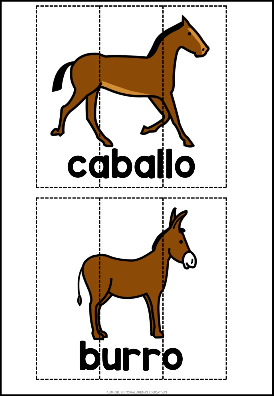Spanish farm animal puzzles: students cut a horse labeled caballo and a donkey labeled burro into 3 strips and rebuild