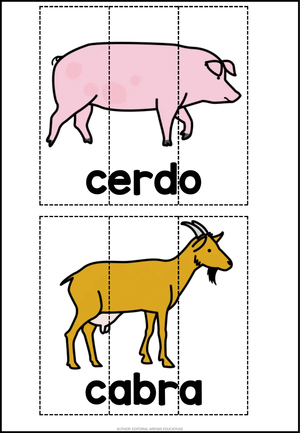 Spanish animal word puzzles: a pig labeled cerdo and a goat labeled cabra, each cut into 3 strips to reassemble
