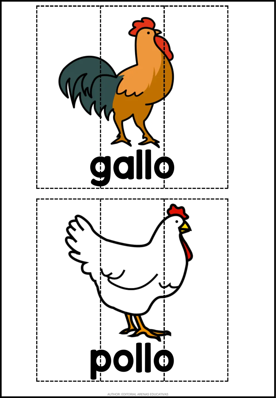 Spanish bird vocabulary puzzles: a rooster labeled gallo and a hen labeled pollo, cut into 3 strips to piece together