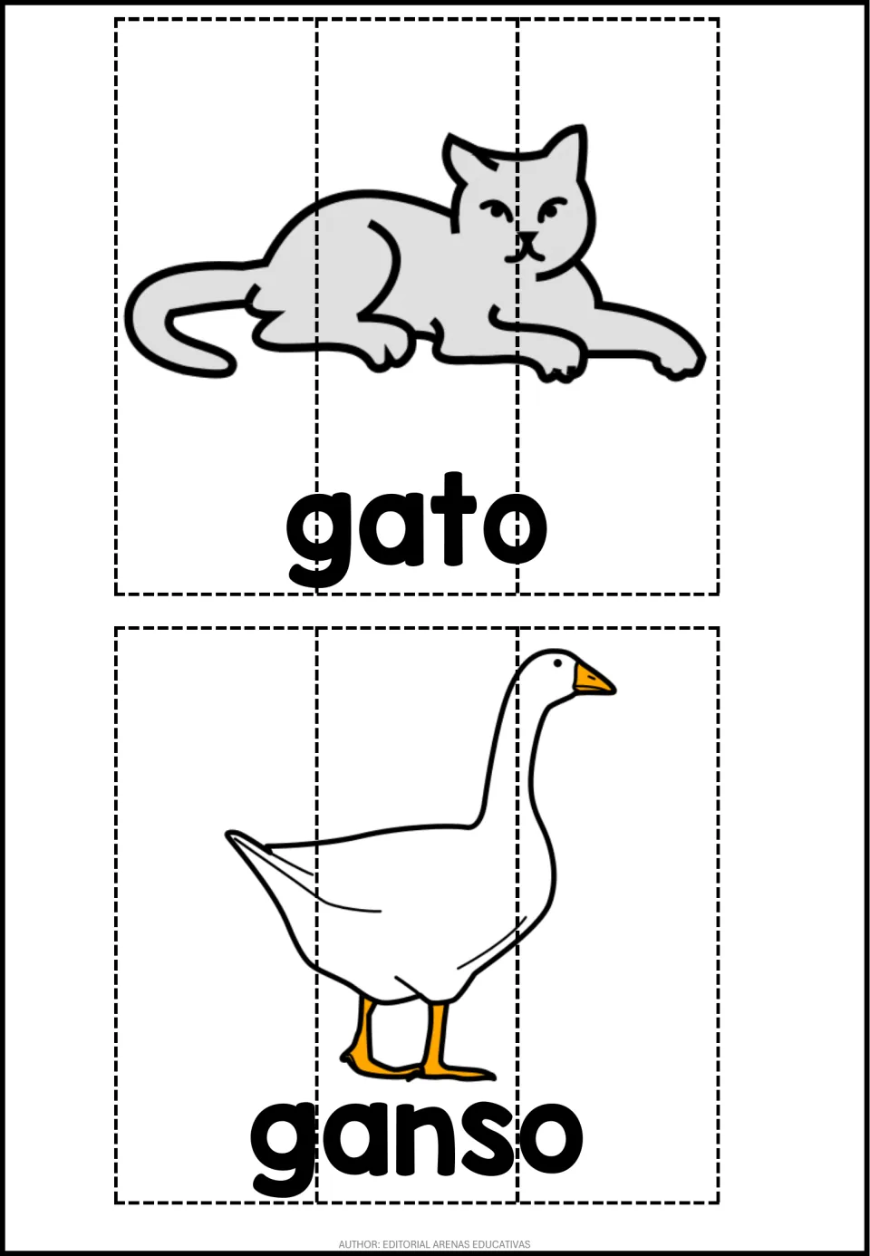 Spanish animal names puzzles: a gray cat labeled gato and a goose labeled ganso, each cut into 3 strips to rebuild