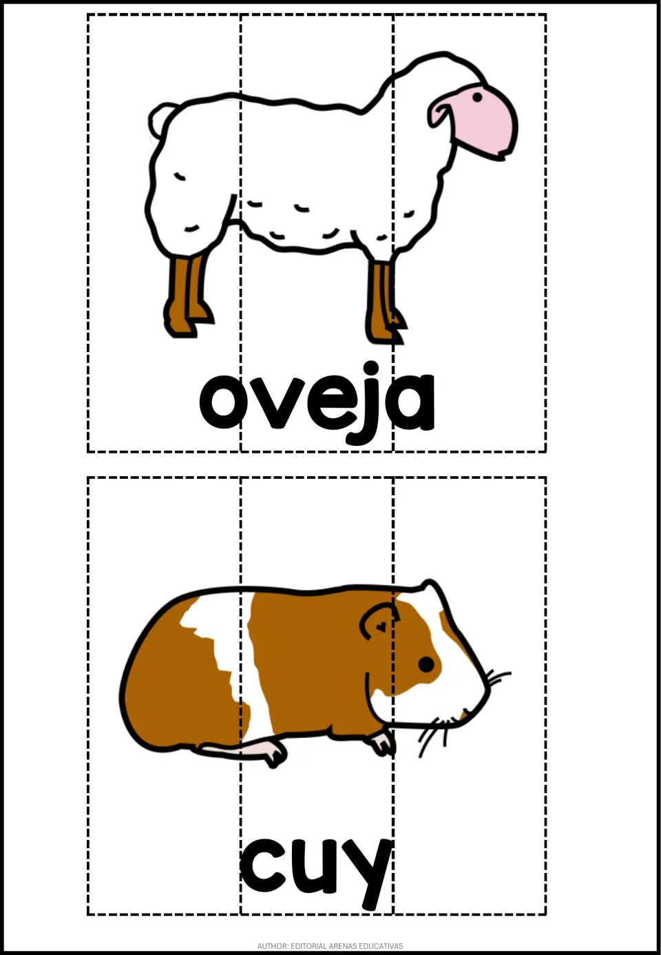 Spanish animal puzzles: a sheep labeled oveja and a guinea pig labeled cuy, each split into 3 strips to assemble