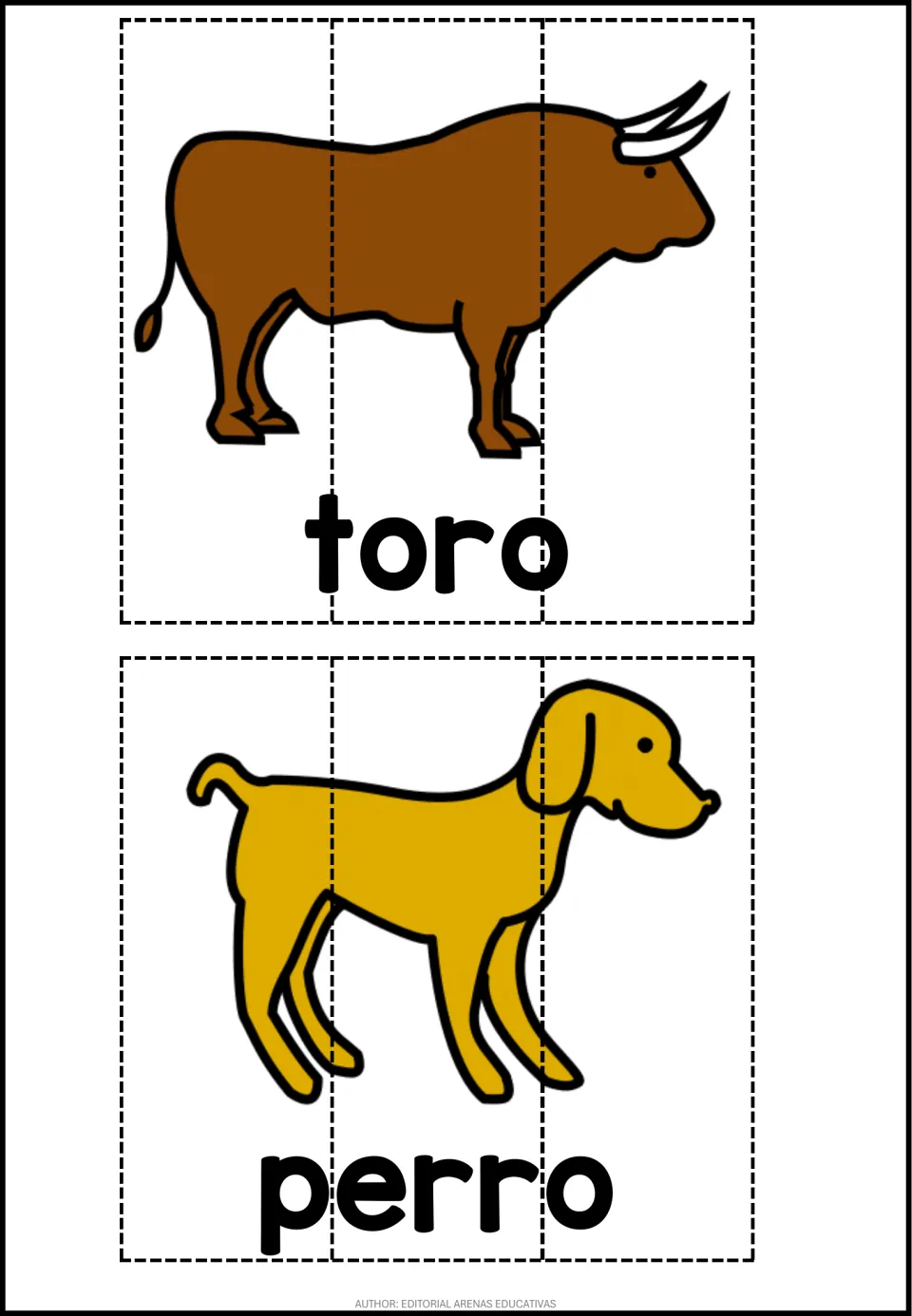 Spanish animal vocabulary puzzles: a bull labeled toro and a dog labeled perro, each cut into 3 strips to rebuild