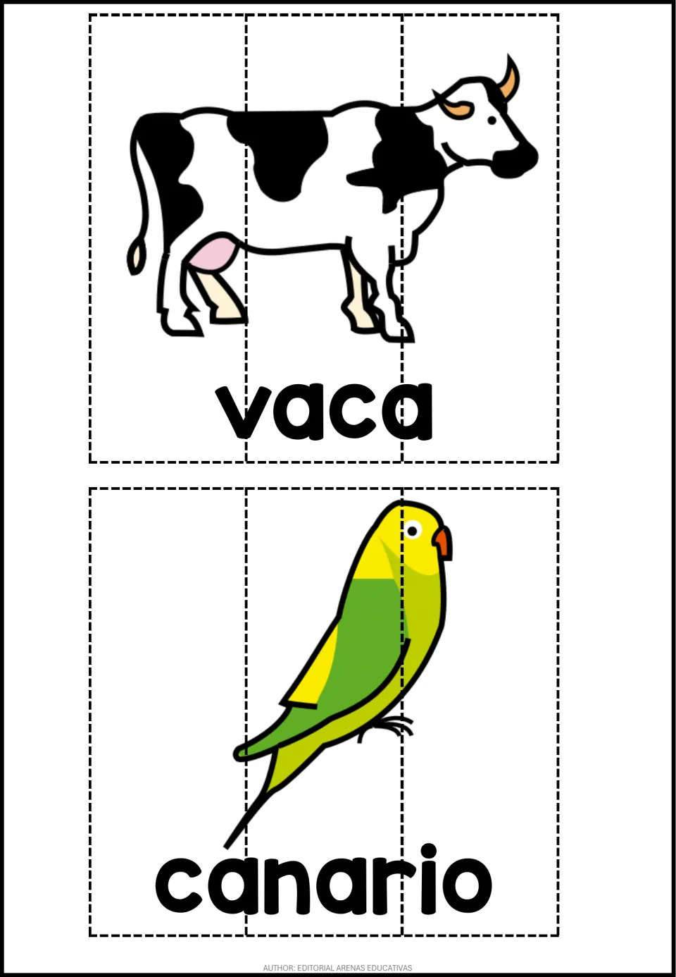 Spanish animal puzzles: a cow labeled vaca and a green bird labeled canario, each cut into 3 strips to reassemble