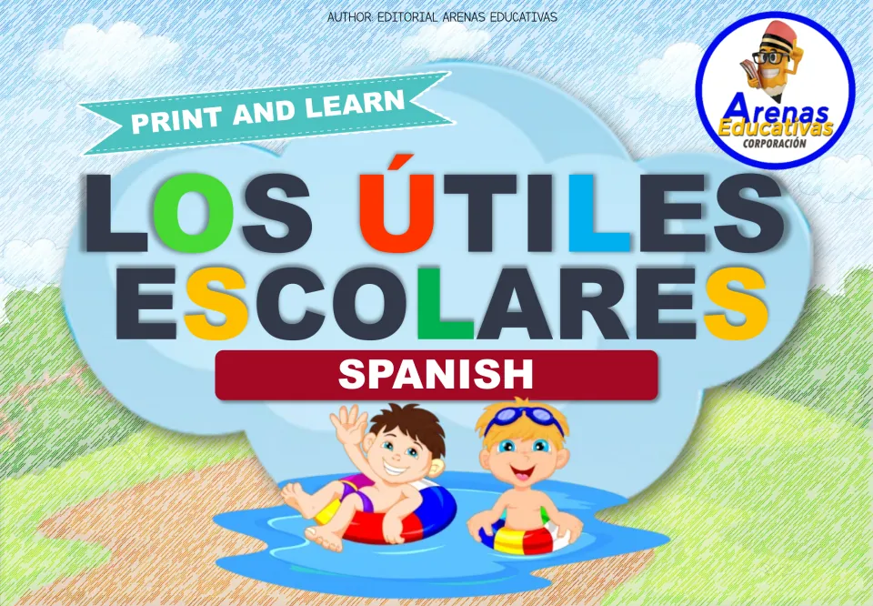 Cover of Los útiles escolares, a Spanish vocabulary resource containing 16 illustrated school supplies flashcards