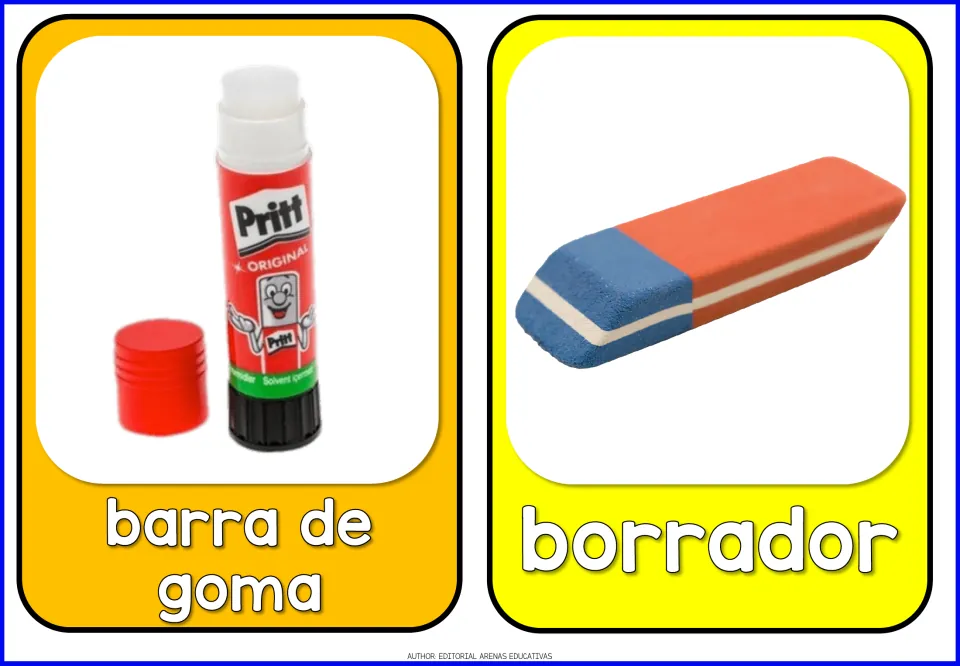 Spanish school supplies flashcards 1–2: barra de goma (glue stick) and borrador (eraser), each pictured