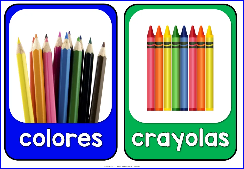 Spanish school supplies flashcards 3–4: colores (colored pencils) and crayolas (crayons), each pictured