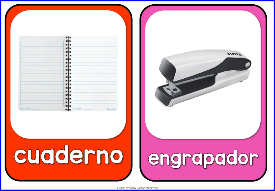 Spanish school supplies flashcards 5–6: cuaderno (notebook) and engrapador (stapler), each pictured