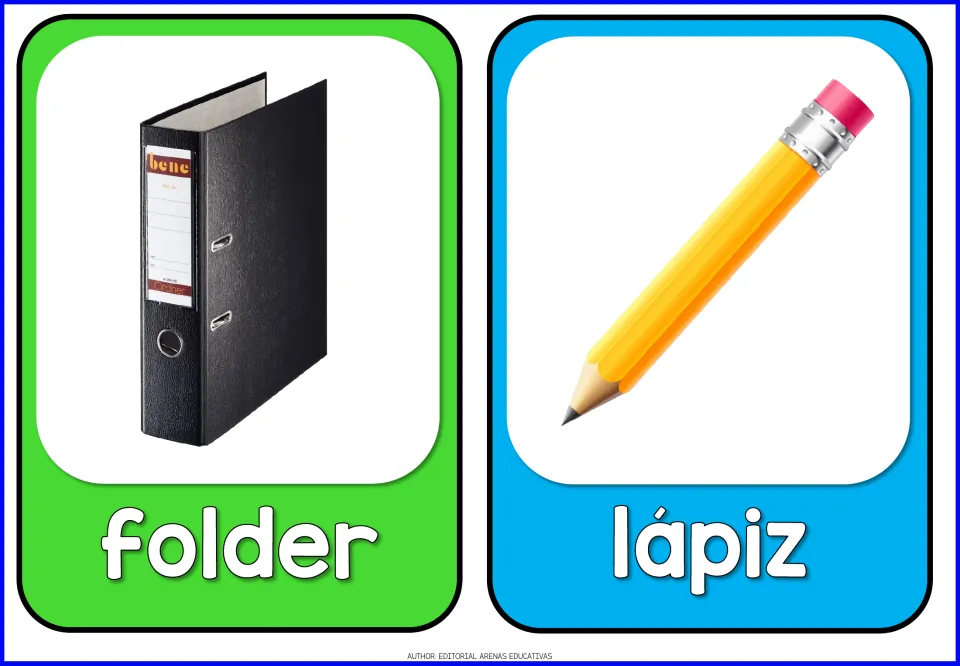 Spanish school supplies flashcards 7–8: folder and lápiz (pencil), illustrated by a binder and a pencil