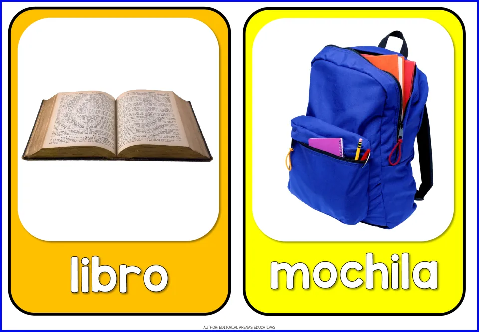 Spanish school supplies flashcards 9–10: libro (book) and mochila (backpack), each shown with its label