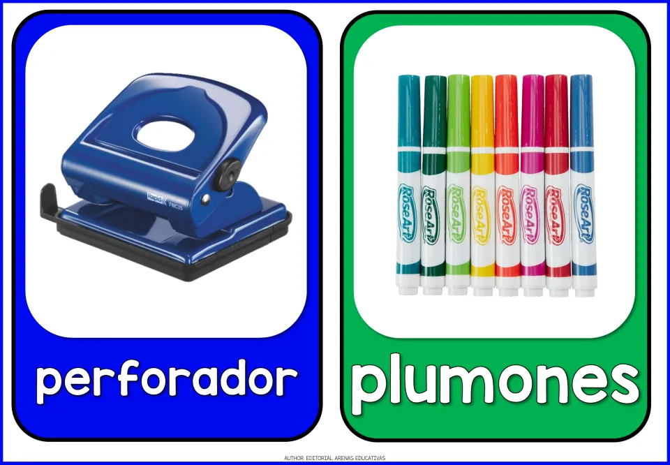 Spanish school supplies flashcards 11–12: perforador (hole punch) and plumones (markers), each pictured