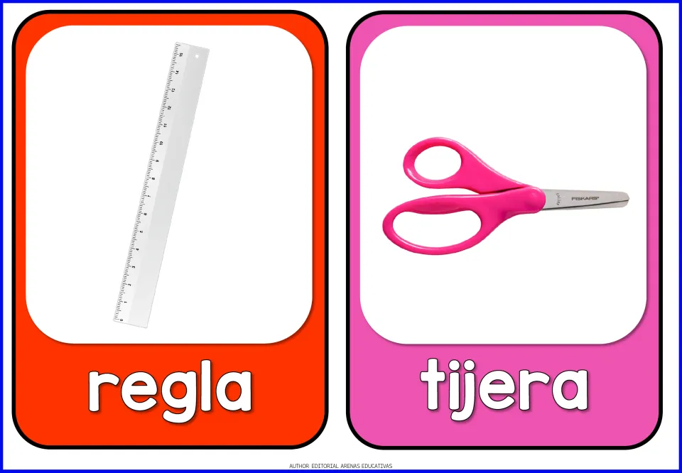 Spanish school supplies flashcards 13–14: regla (ruler) and tijera (scissors), each shown with its label