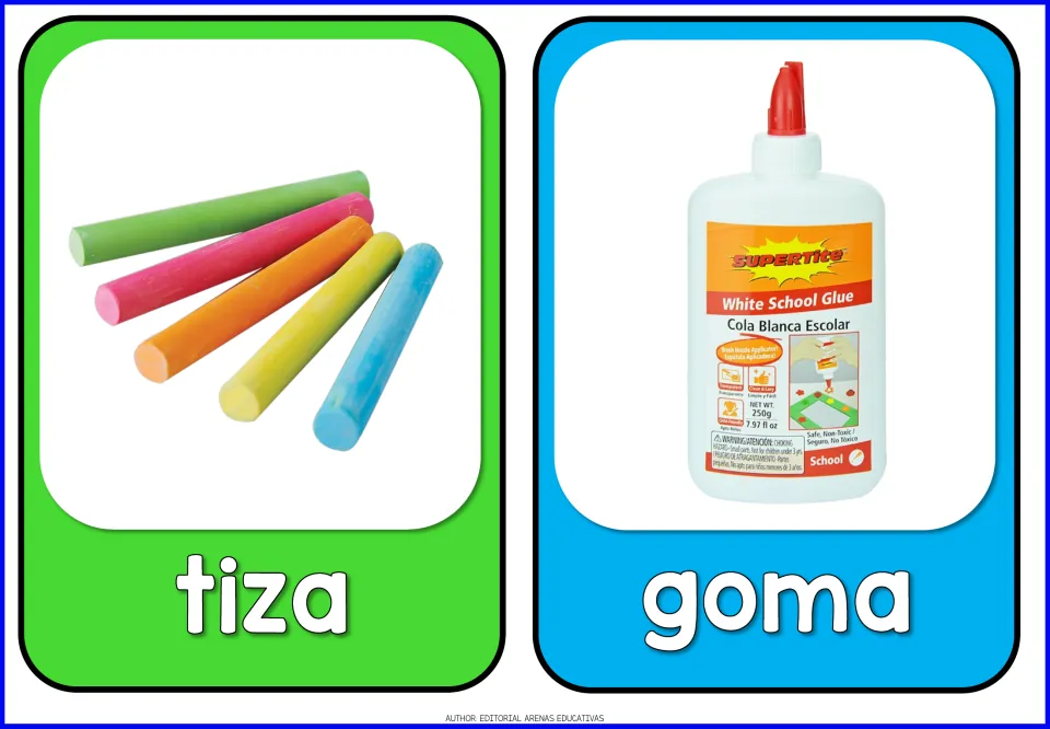 Spanish school supplies flashcards 15–16: tiza (chalk) and goma (glue), each shown with its Spanish label