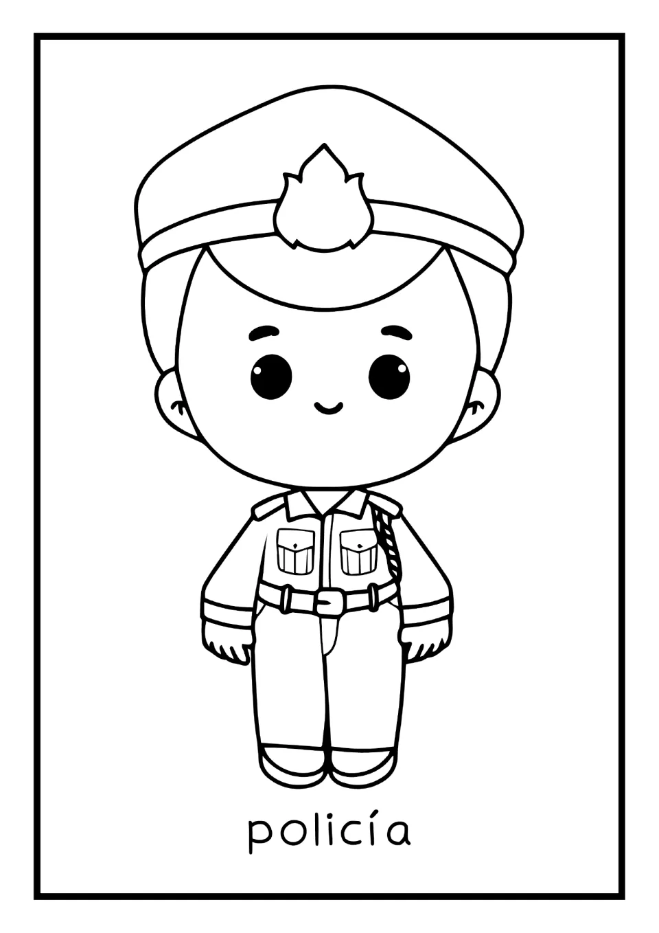 Spanish occupations mini book coloring page labeled 'policía' (police officer), showing an officer in uniform