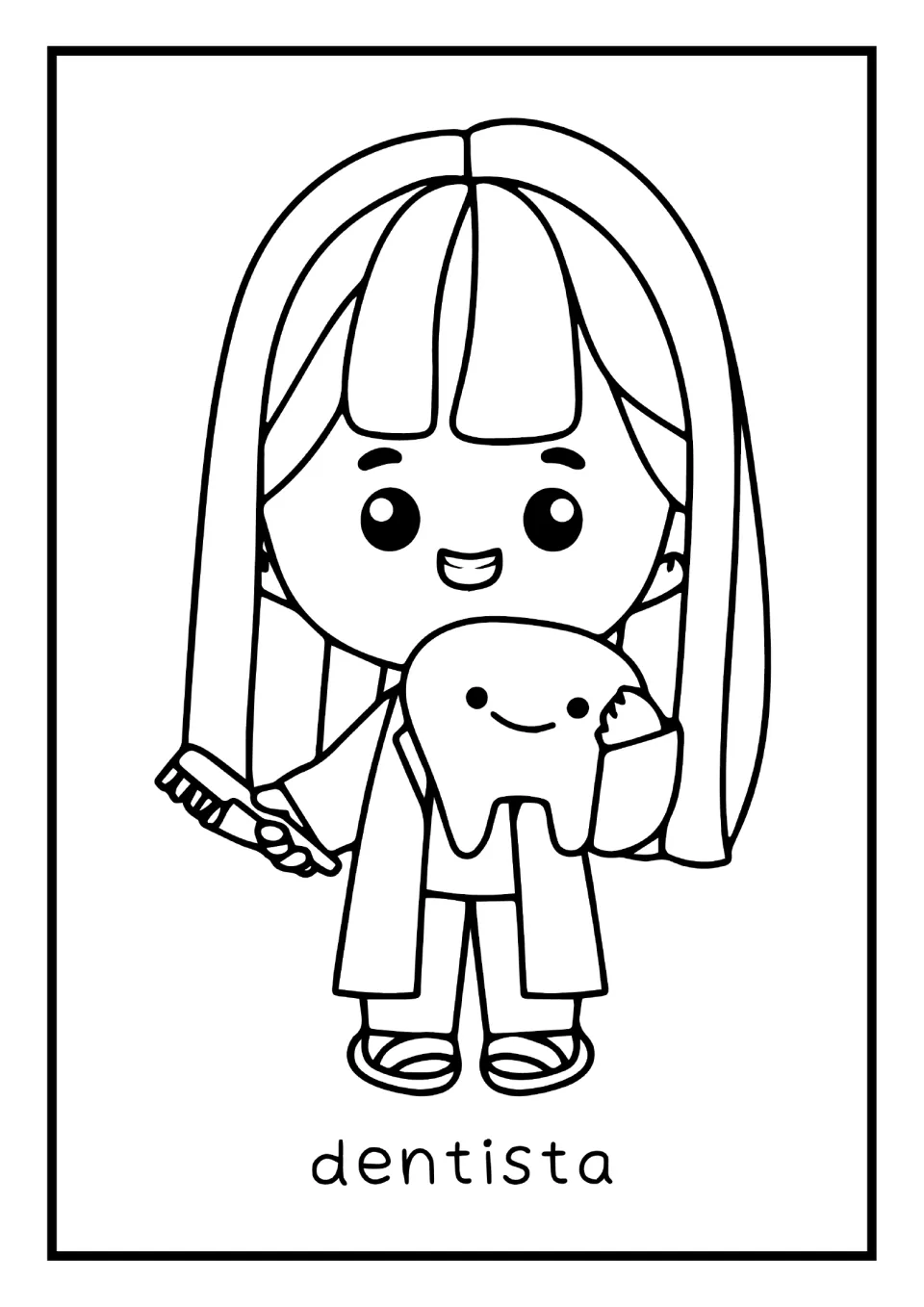 Spanish occupations mini book coloring page labeled 'dentista' (dentist), showing a dentist holding a tooth