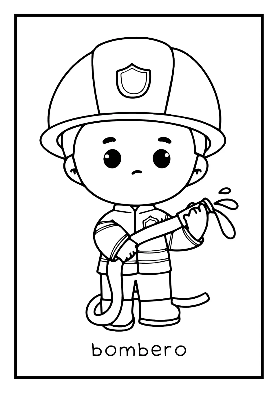 Spanish occupations mini book coloring page labeled 'bombero' (firefighter), showing a firefighter with a hose