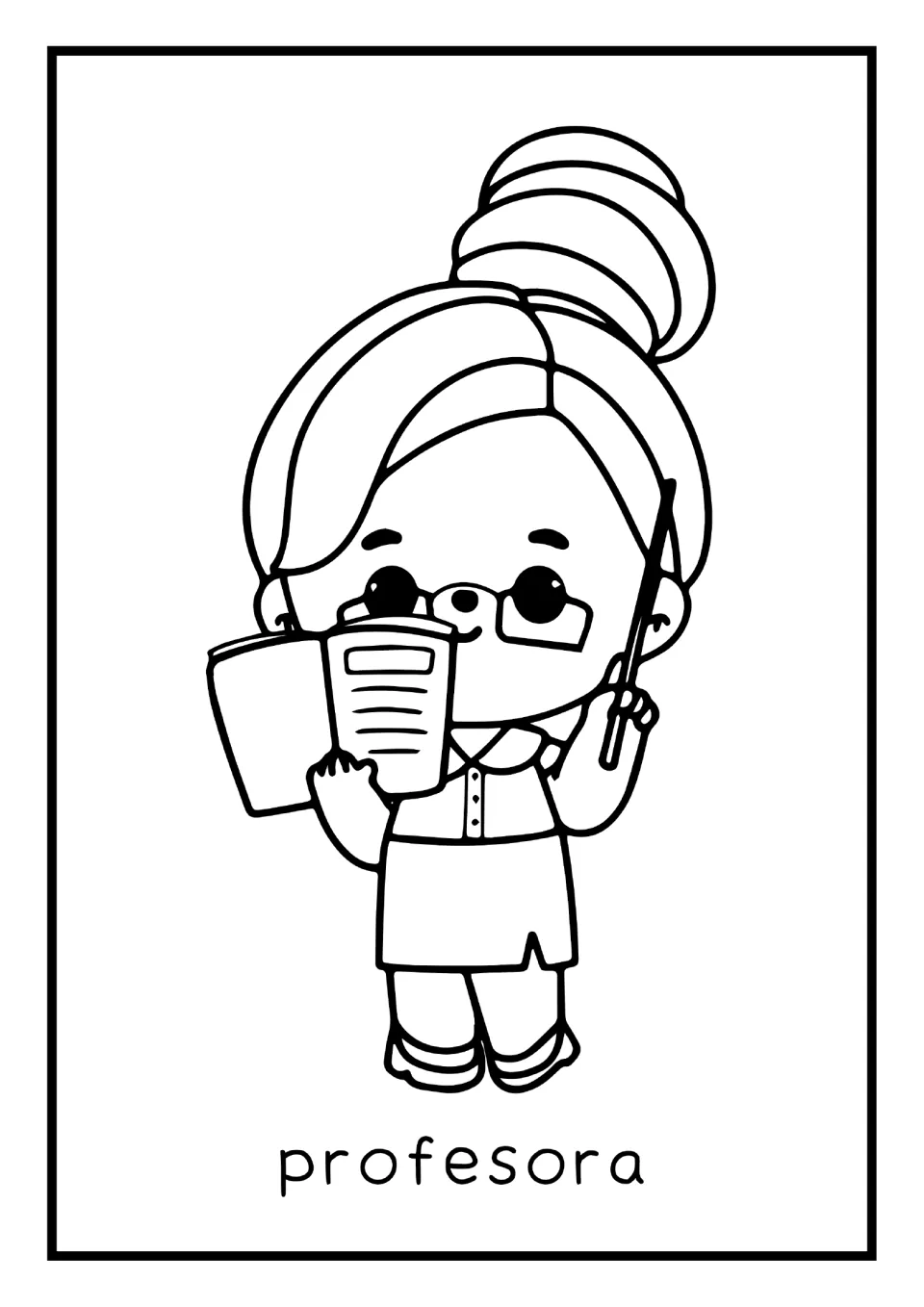 Spanish occupations mini book coloring page labeled 'profesora' (teacher), showing a teacher holding a book