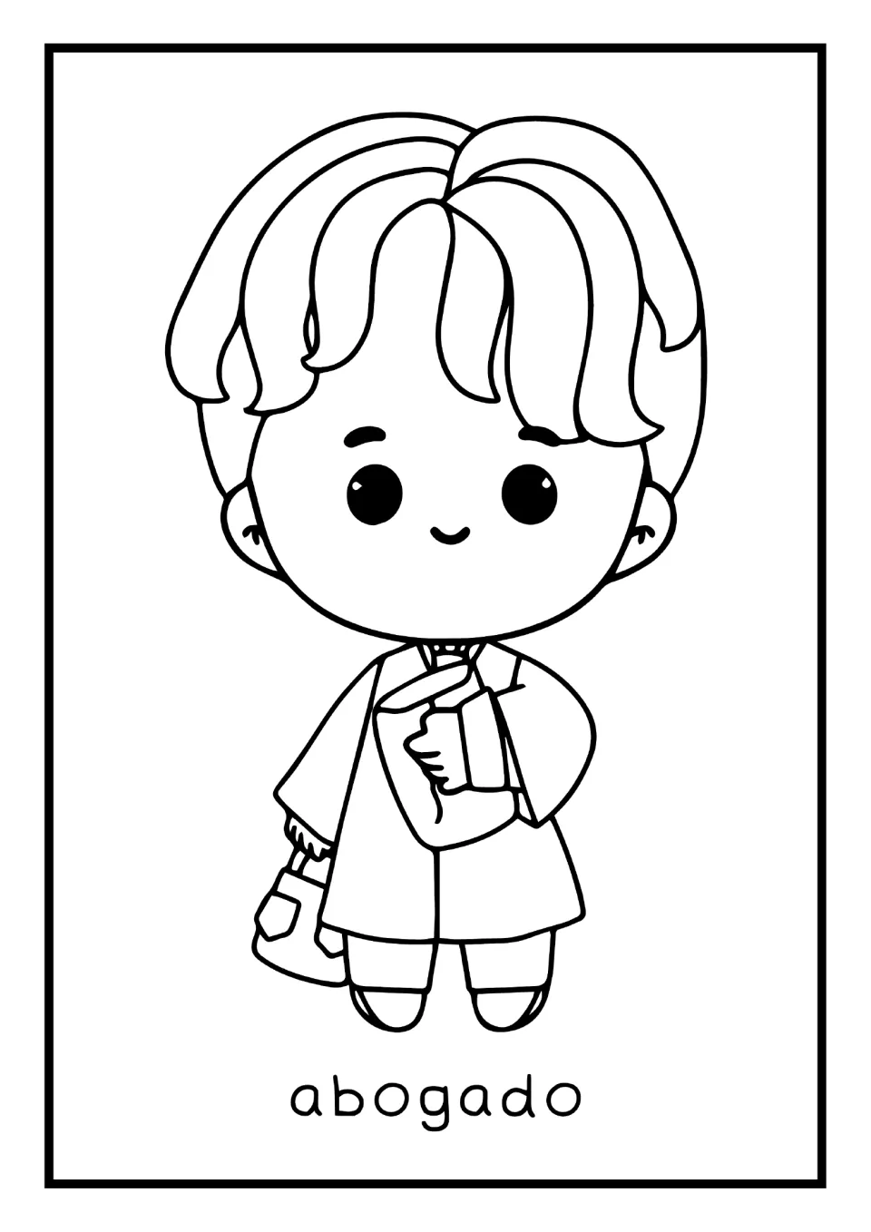 Spanish occupations mini book coloring page labeled 'abogado' (lawyer), showing a lawyer carrying a briefcase