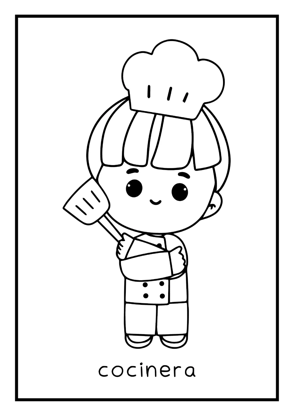 Spanish occupations mini book coloring page labeled 'cocinera' (cook), showing a cook holding a spatula