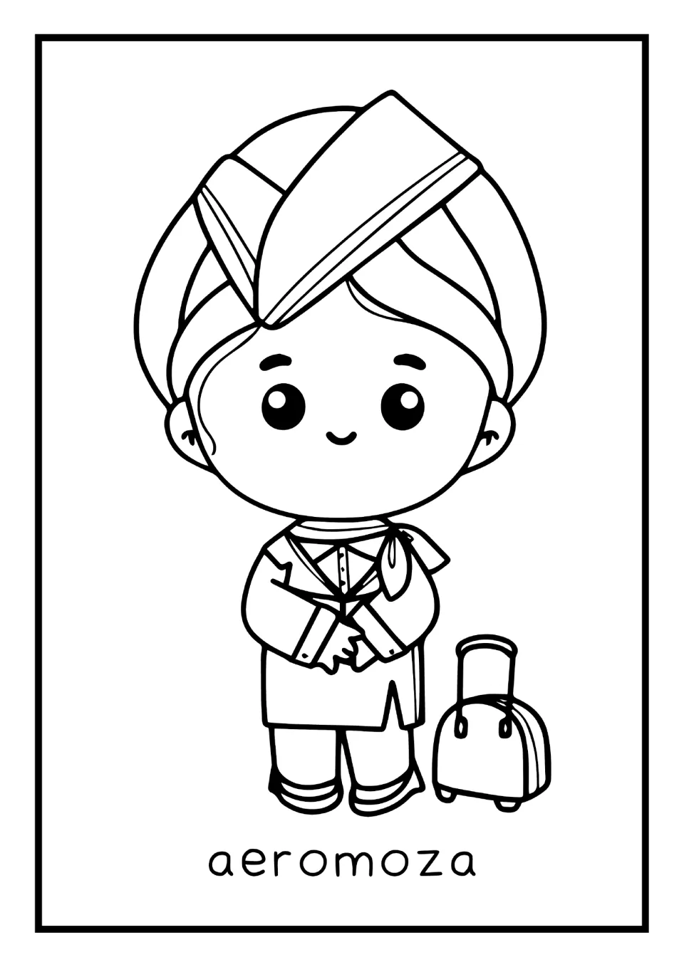 Spanish occupations mini book coloring page labeled 'aeromoza' (flight attendant), showing an attendant with luggage