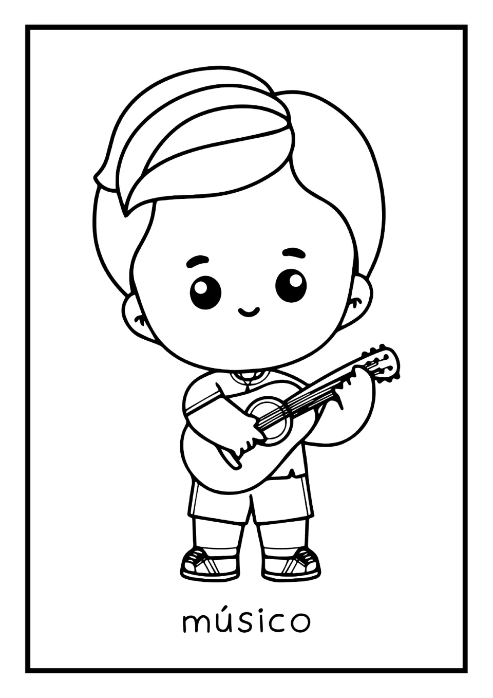 Spanish occupations mini book coloring page labeled 'músico' (musician), showing a musician playing a guitar