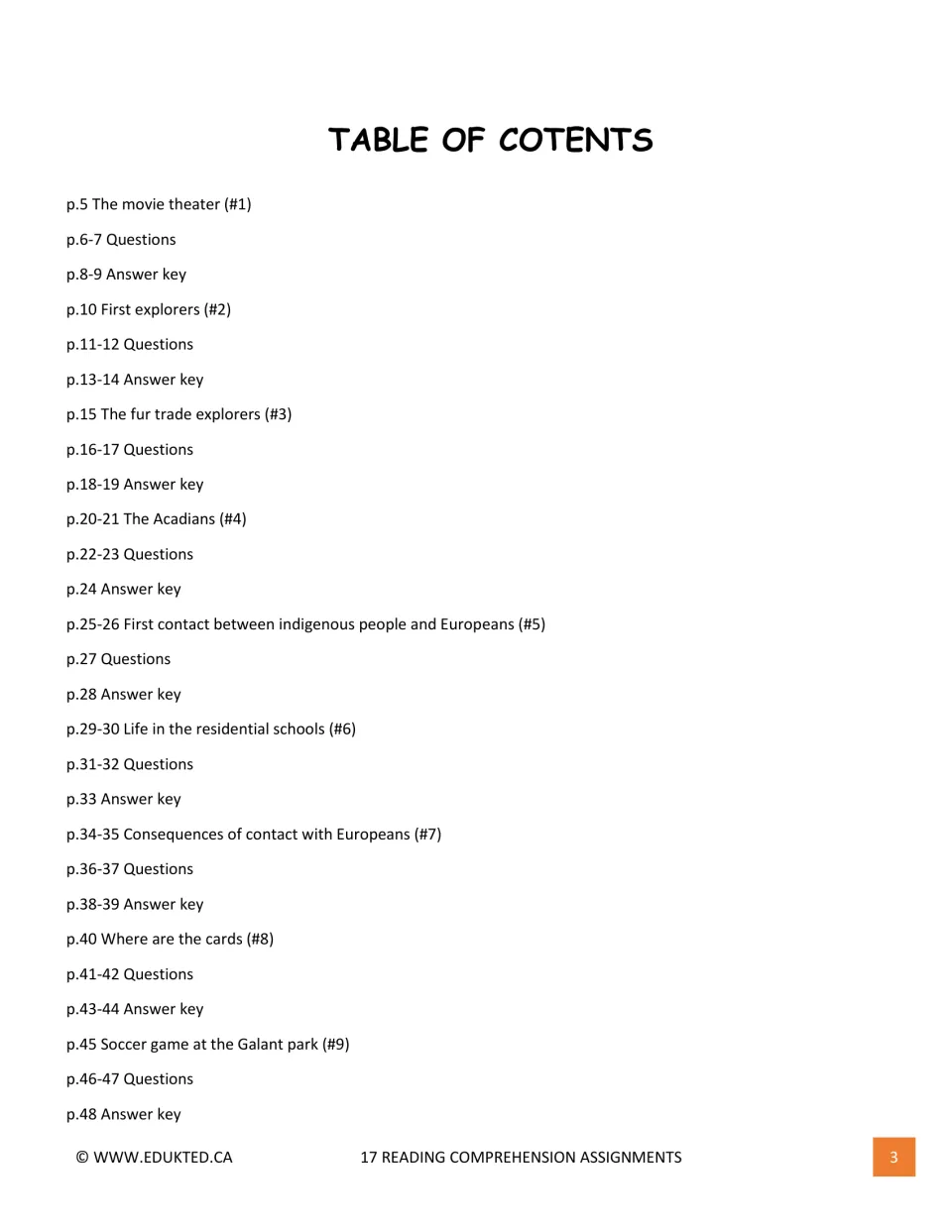 Contents for assignments 1–9 list reading passages, question pages, and answer keys with page numbers