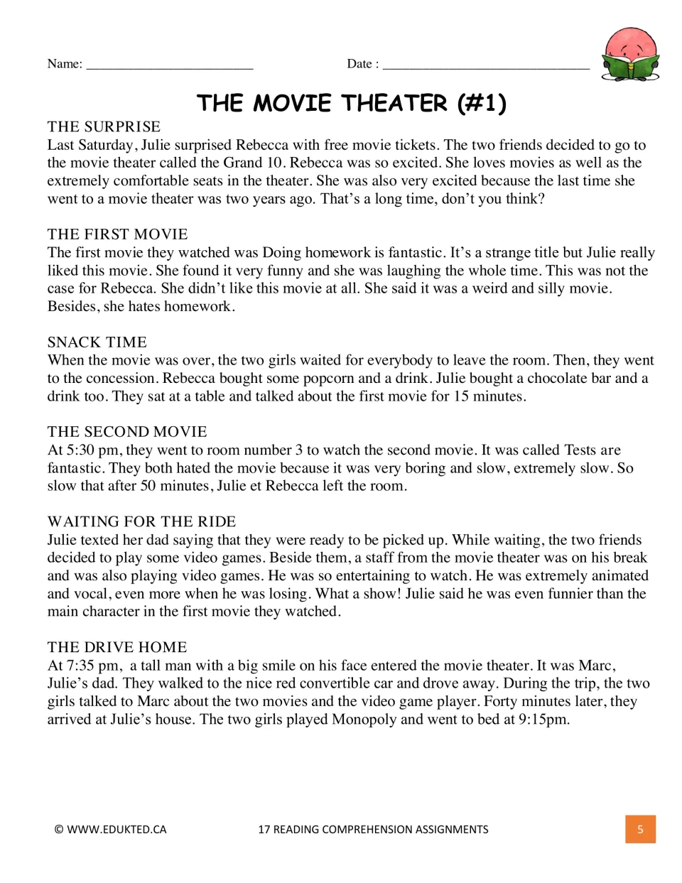 Assignment 1 reading passage, The Movie Theater, follows Julie and Rebecca through movies and a ride home