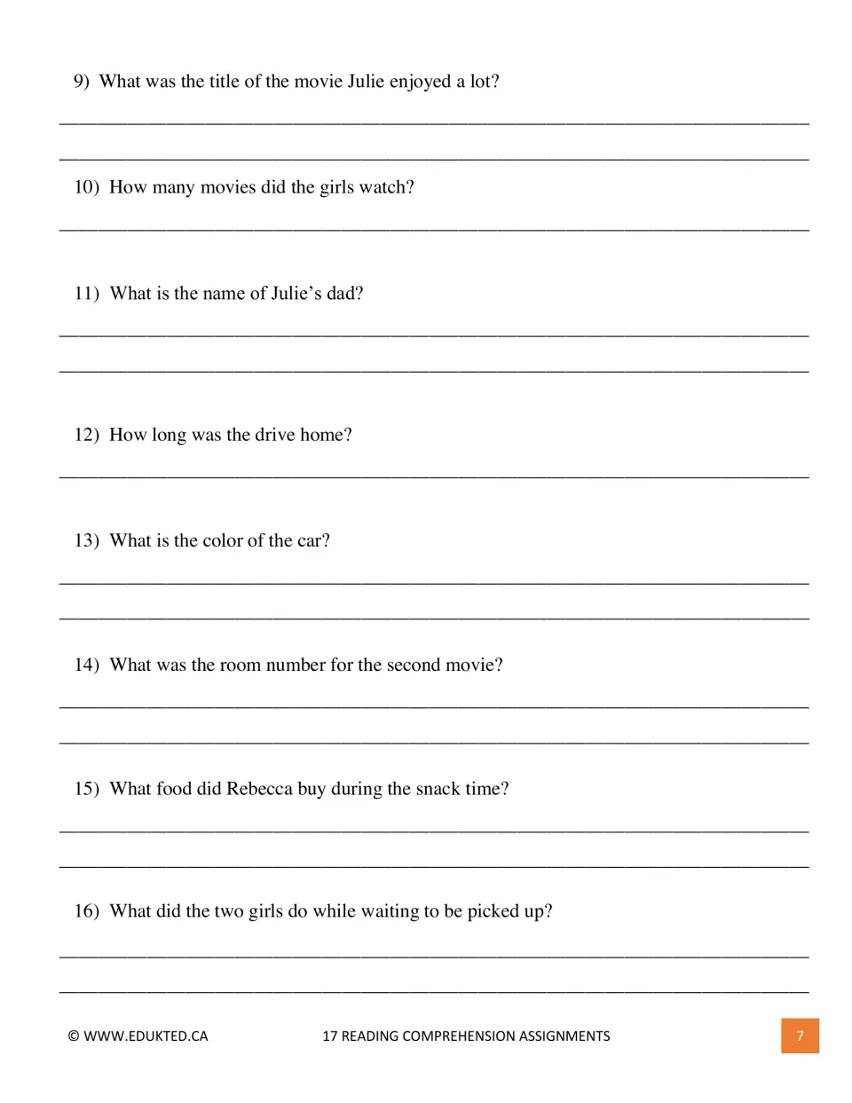 The Movie Theater questions 9–16 ask about Julie’s favorite movie, her dad, the car, snacks, and video games