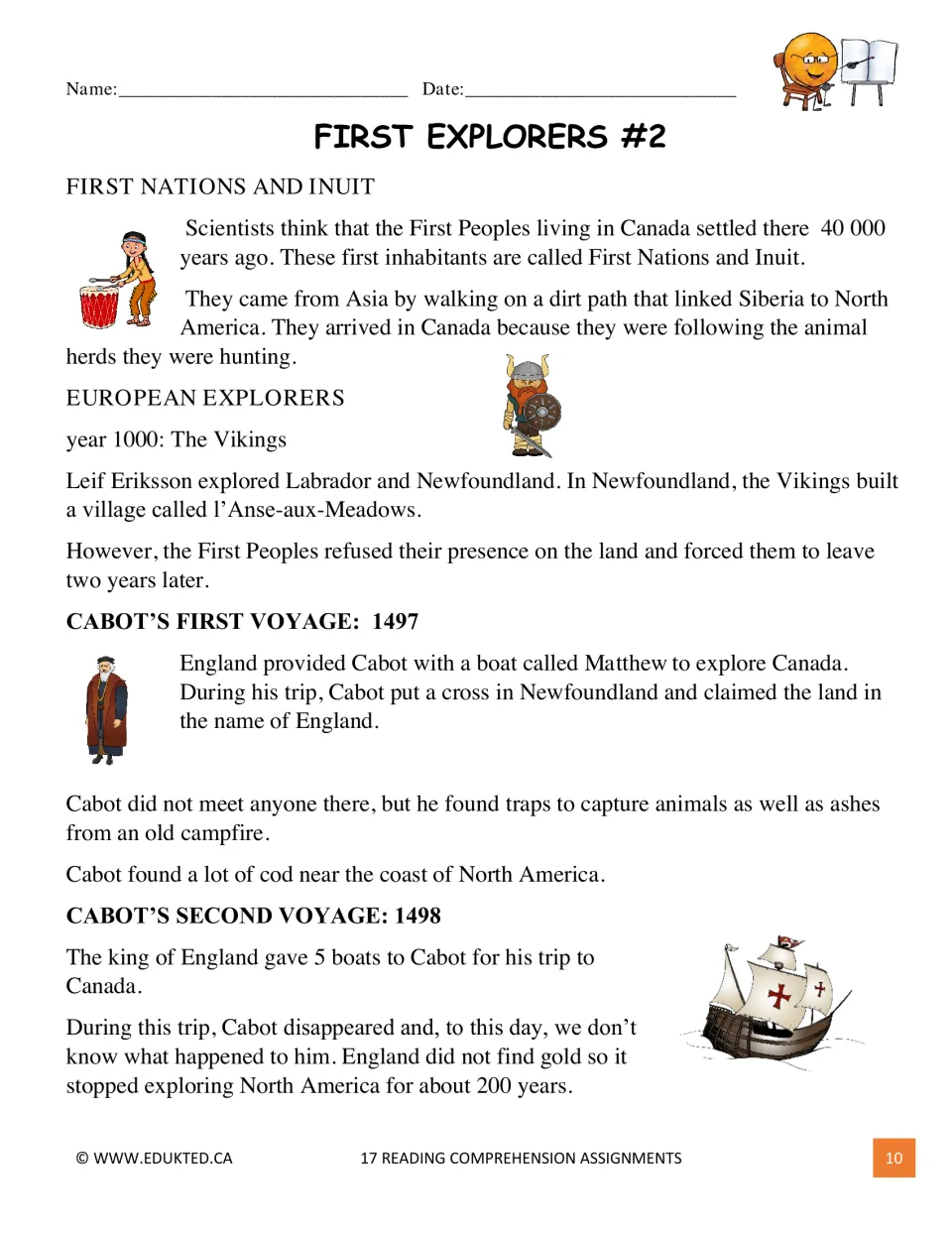Assignment 2 passage, First Explorers, covers First Nations and Inuit, Vikings, and Cabot’s two voyages