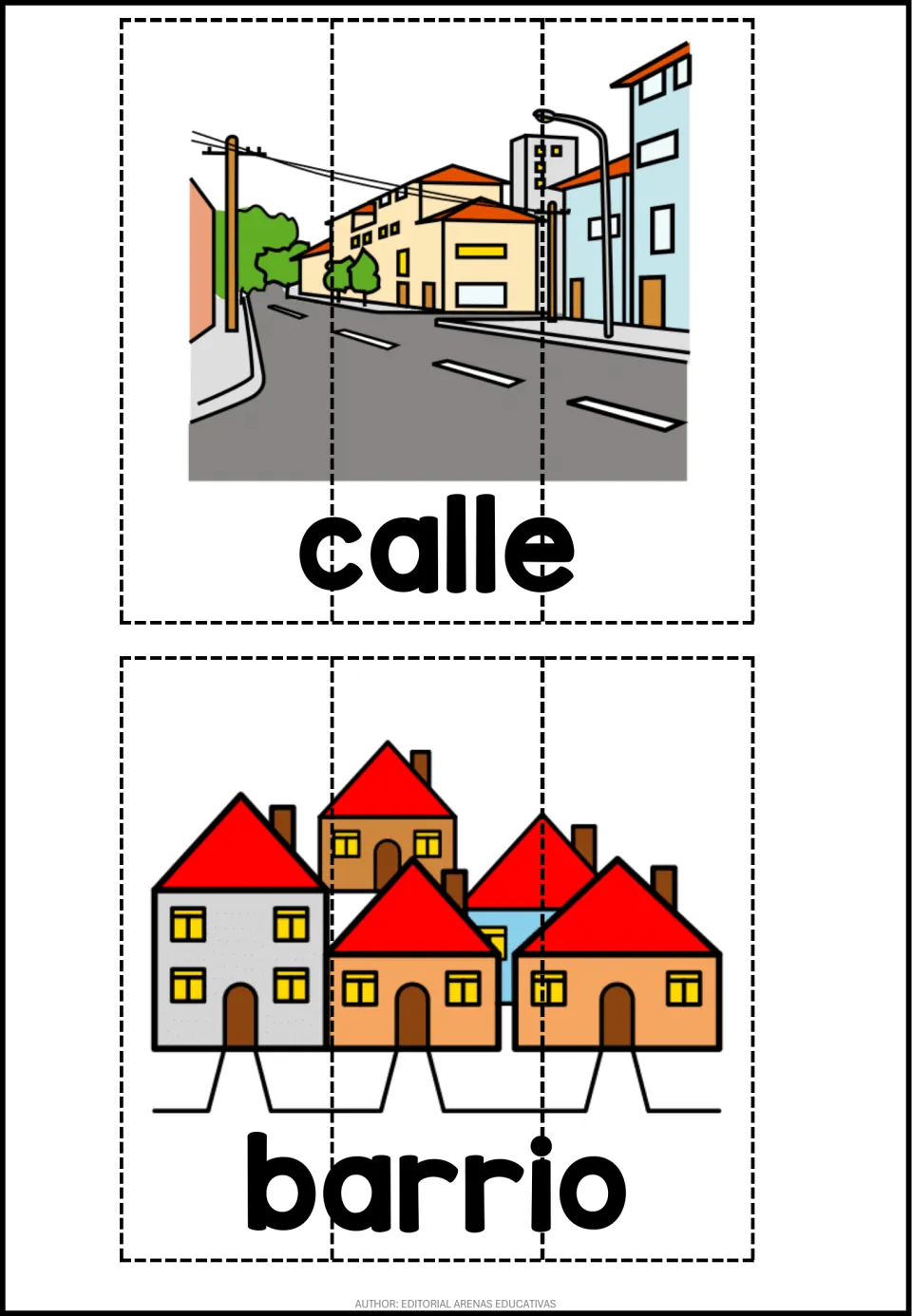 Spanish places puzzle sheet: calle (street) and barrio (neighborhood), each illustrated and cut into three pieces