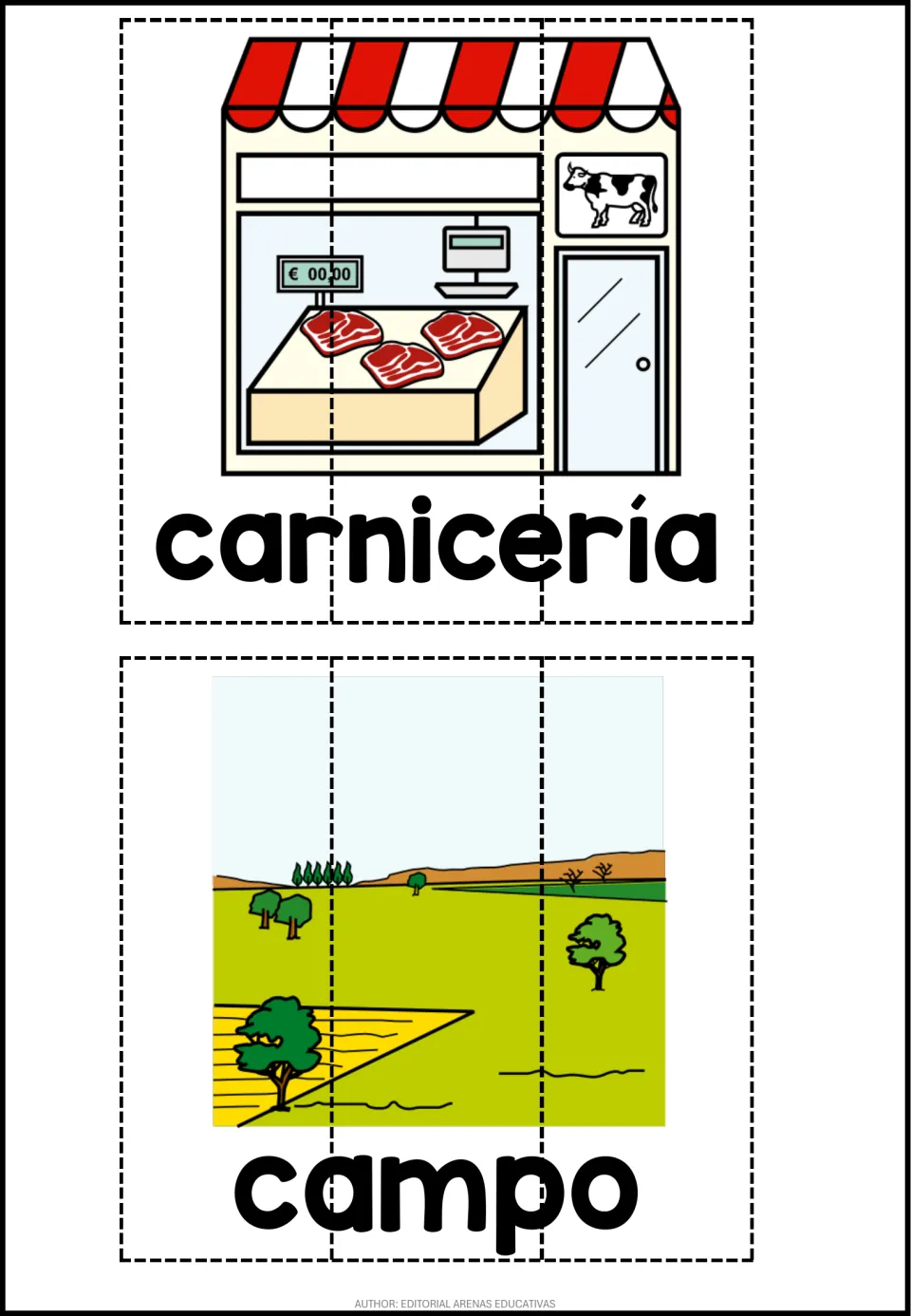 Spanish places puzzle sheet: carnicería (butcher shop) and campo (countryside), each illustrated in three pieces