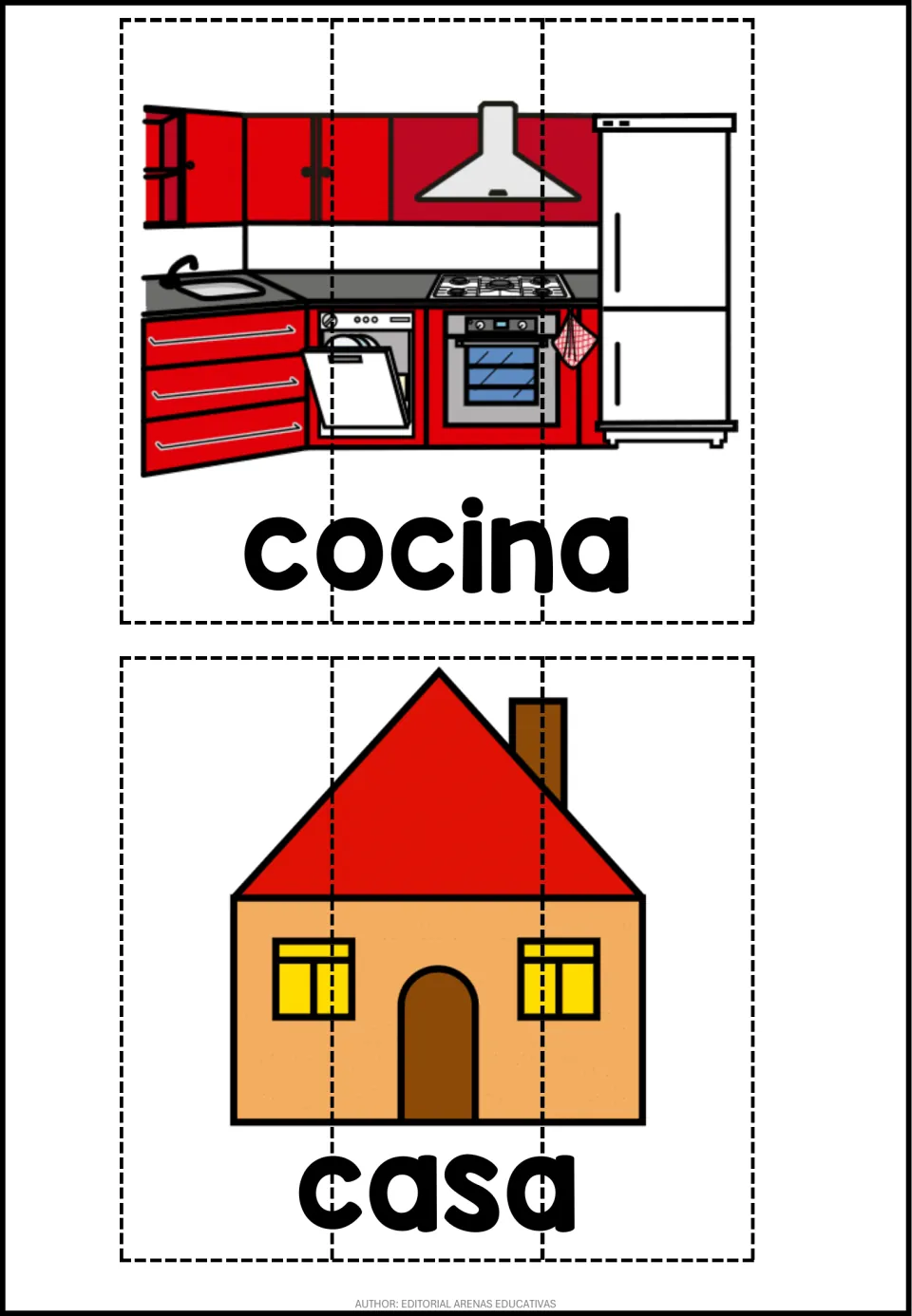 Spanish places puzzle sheet: cocina (kitchen) and casa (house), each shown as an illustrated three-piece puzzle