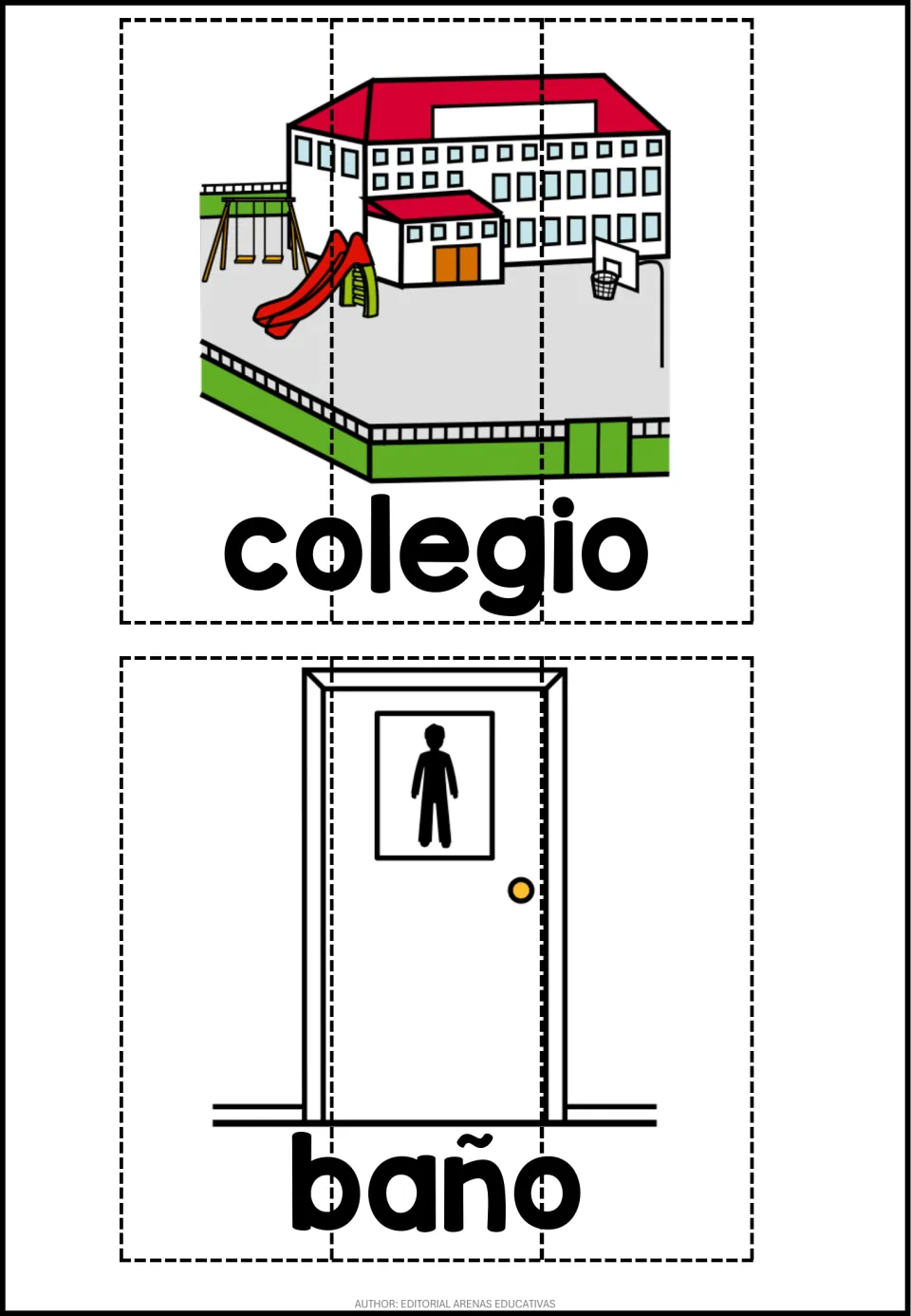 Spanish places puzzle sheet: colegio (school) and baño (bathroom), each illustrated and divided into three pieces