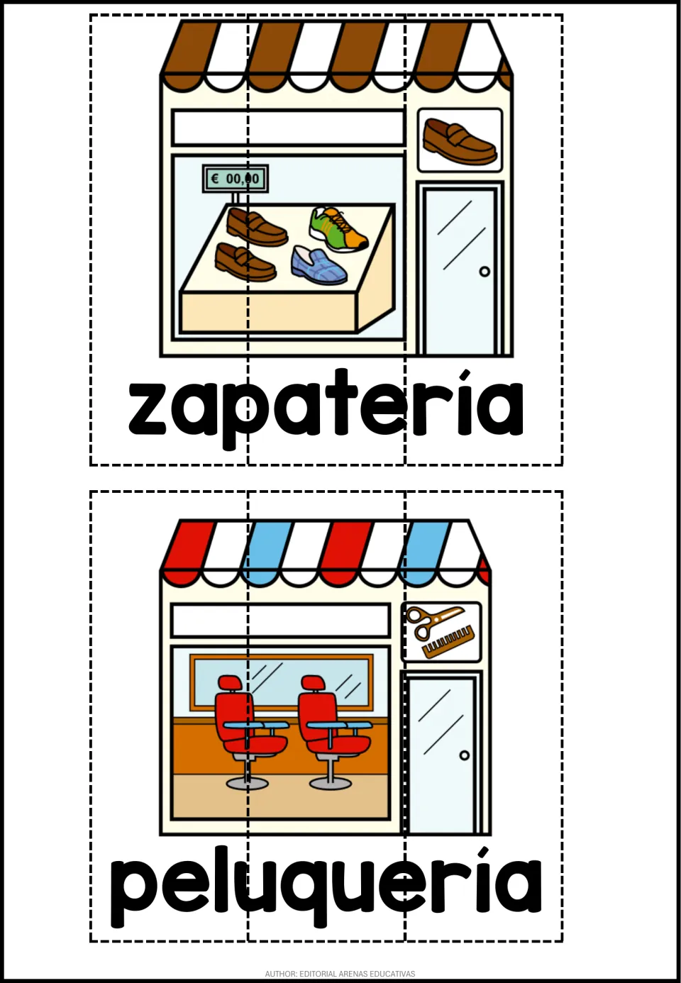 Spanish places puzzle sheet: zapatería (shoe store) and peluquería (hair salon), each pictured in three pieces