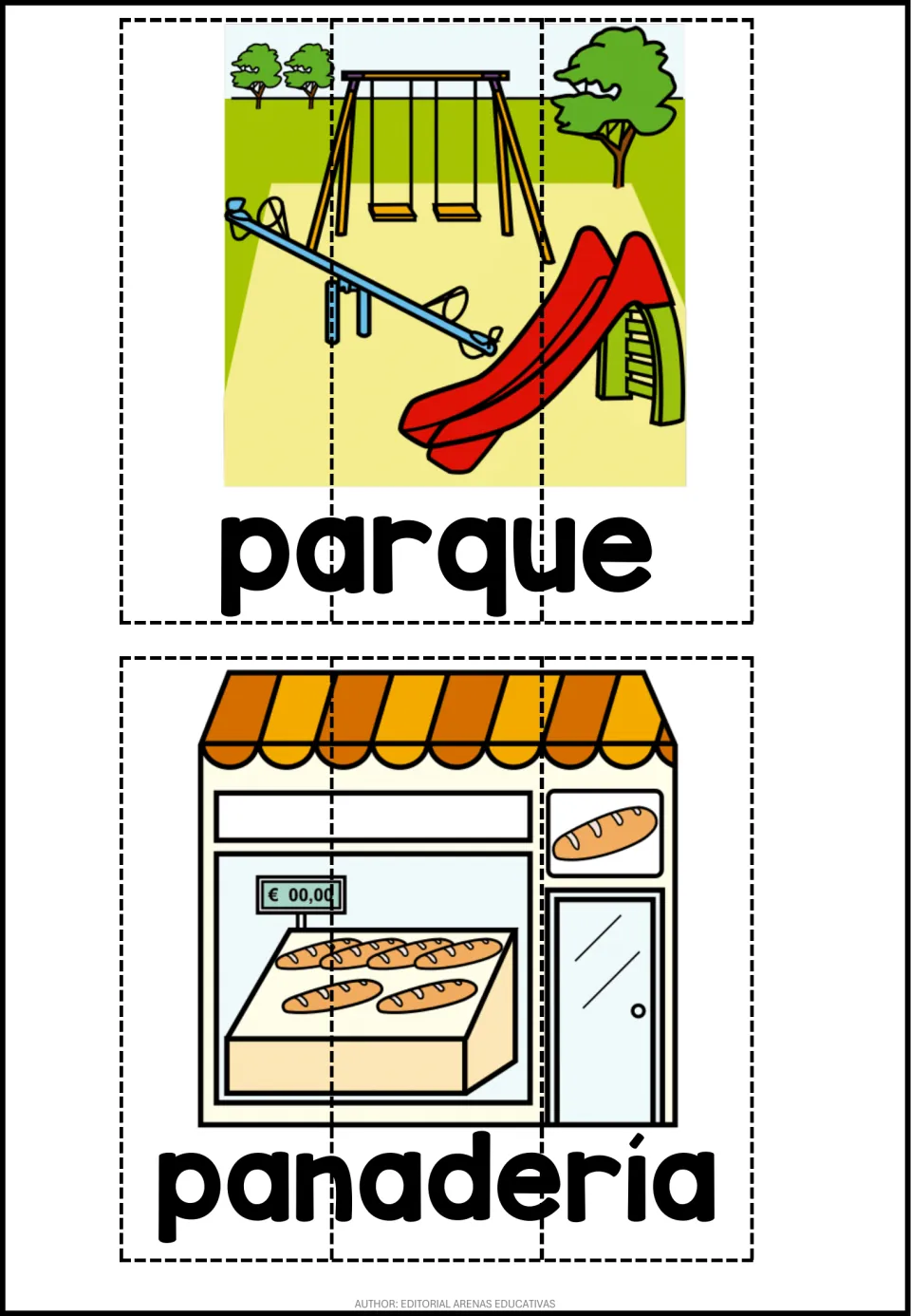 Spanish places puzzle sheet: parque (park) and panadería (bakery), with playground and bread shop pictures