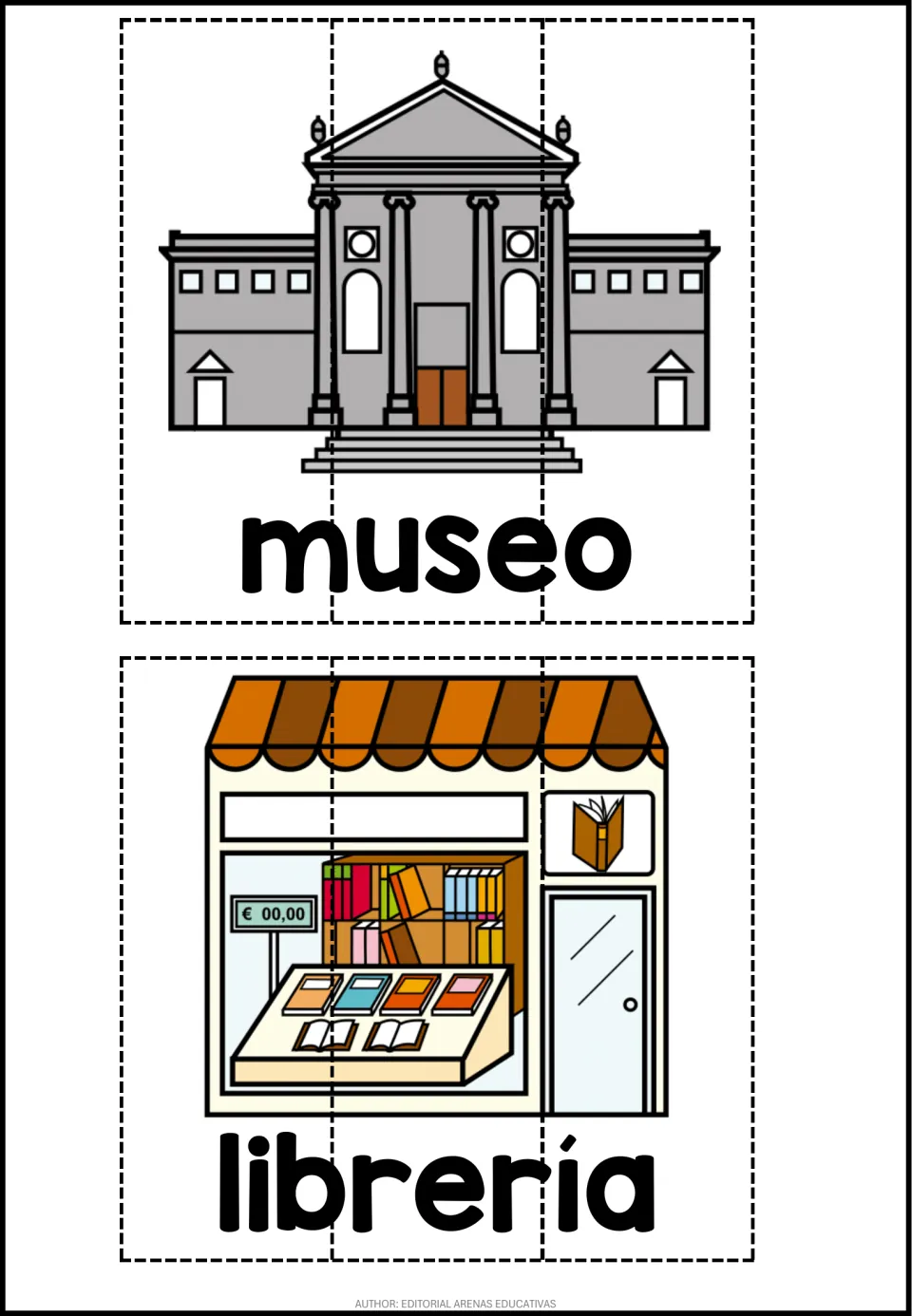 Spanish places puzzle sheet: museo (museum) and librería (bookstore), each illustrated in three pieces
