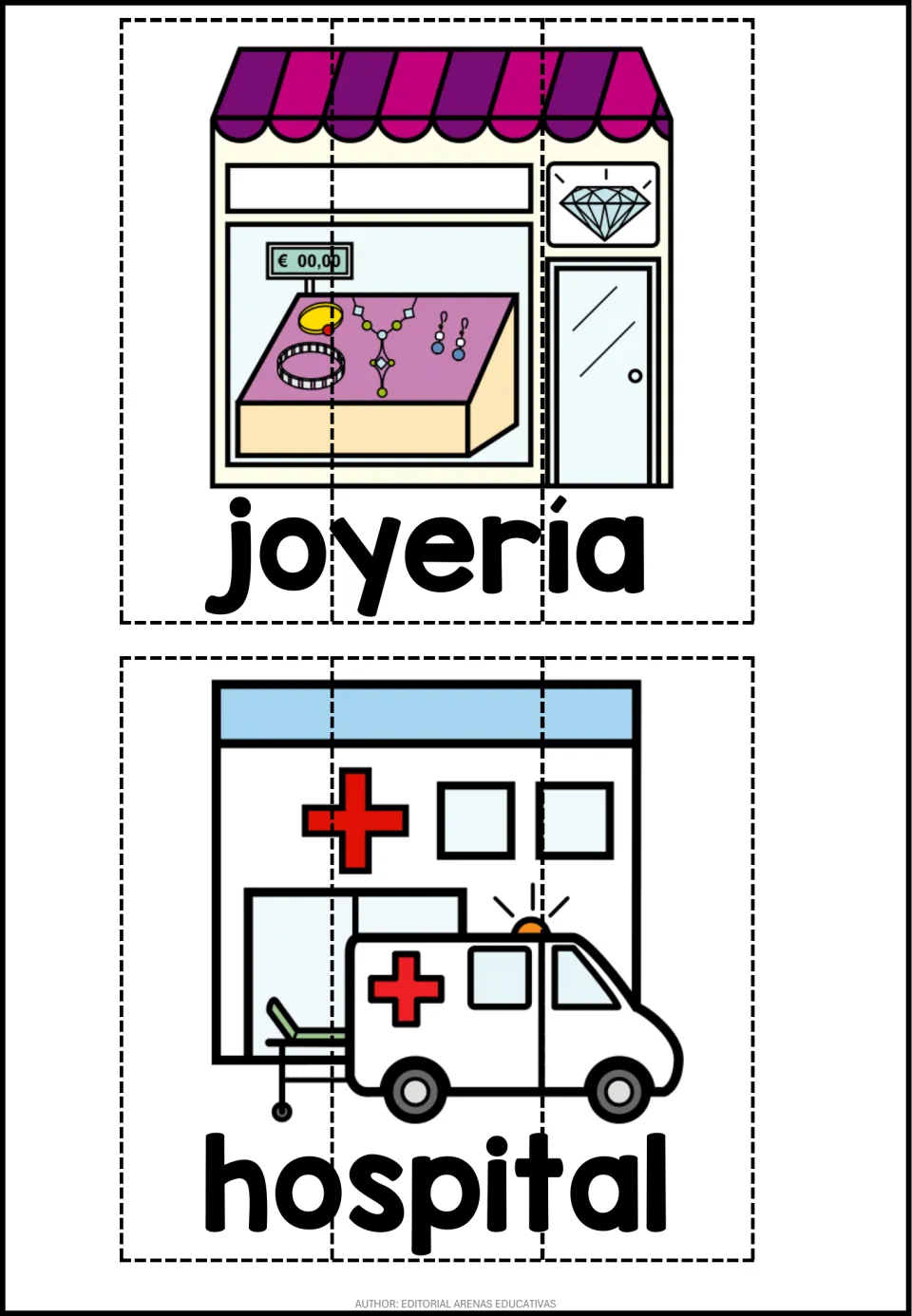 Spanish places puzzle sheet: joyería (jewelry store) and hospital (hospital), each illustrated in three pieces